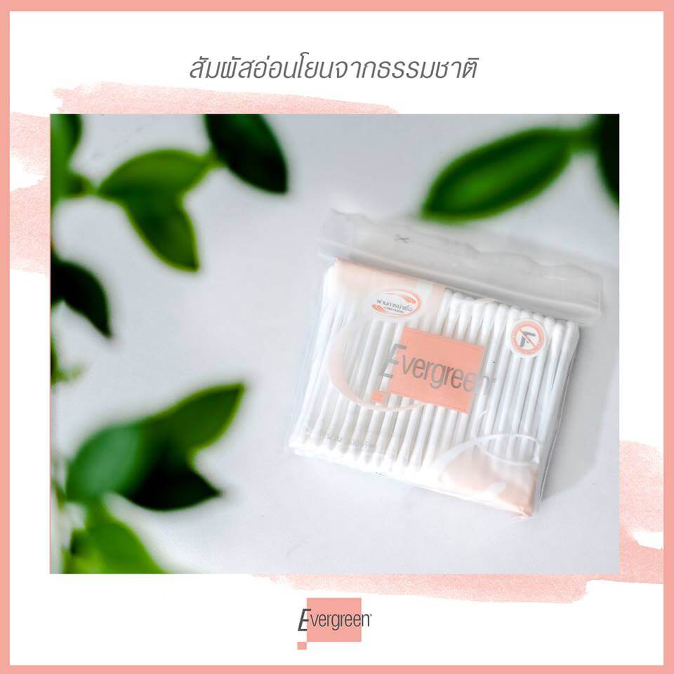 Evergreen Cotton Bud Evergreen สำลีก้านเอเวอร์กรีน คอตตอนบัทผลิตจากฝ้ายแท้ 100% บริสุทธิ์ ปราศจากสารเรืองแสง อ่อนโยนต่อผิว